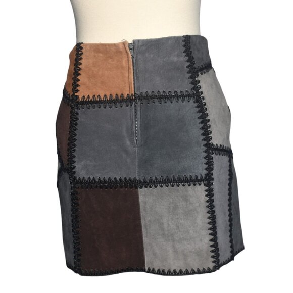 Zara Suede Leather Patchwork Mini Skirt Boho Retro 70s Boho Mod Grey Brown S - Picture 2 of 6